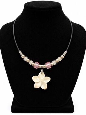 Flower Pendant Necklace Pink White Beads Black Cord Marked 18KGP Fashion Jewelry